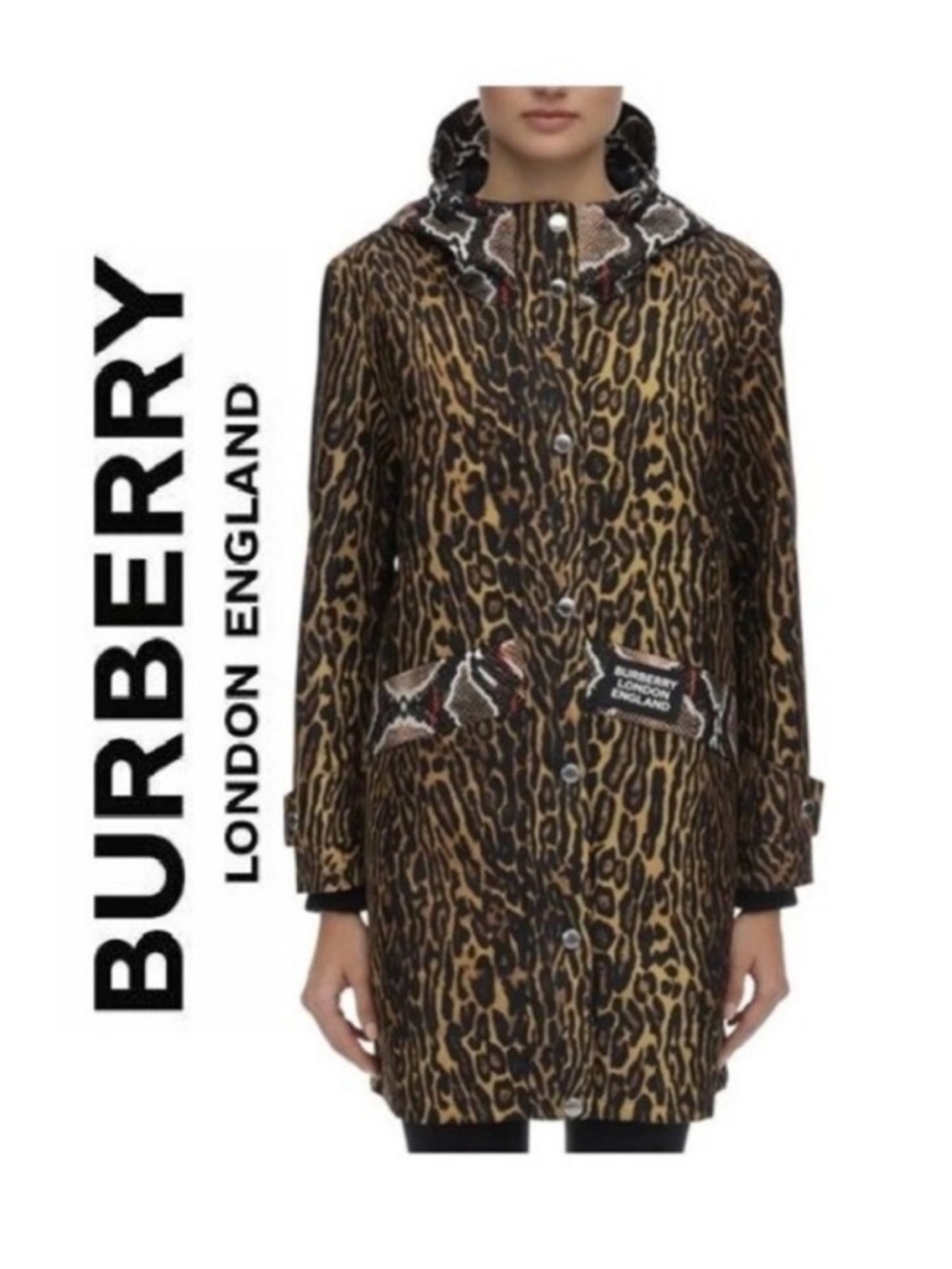 Burberry Leopard Print Hooded Trench Coat - Brown & Black